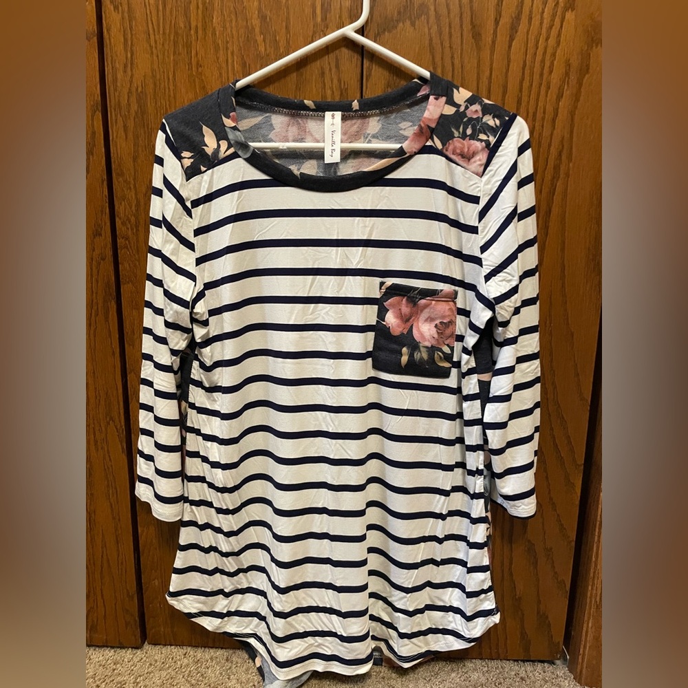 Vanilla Bay Navy and White Striped 3/4 Sleeve Blouse